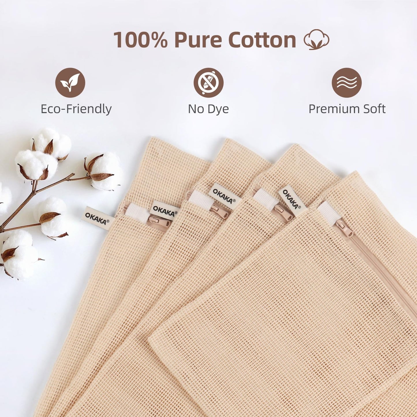 OKAKA 100% Cotton Mesh Laundry Bags, Premium Soft, No Dye, Set of 4, Natural