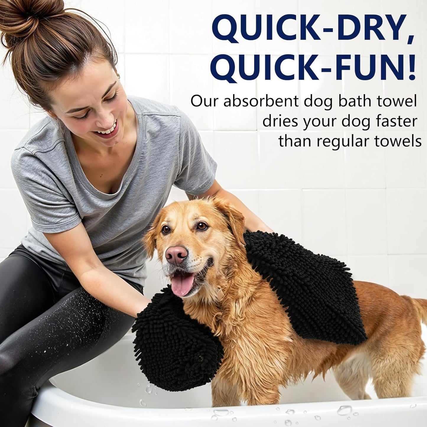 OLANLY Chenille Dog Bath Towel - Ultra Absorbent Quick Dry Plush Towel for Large Dogs & Puppies | 31x13, Black