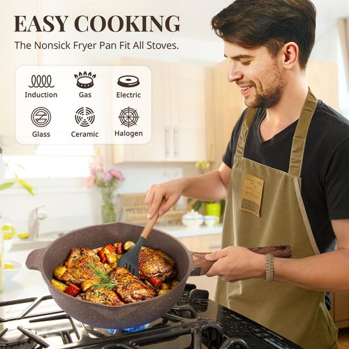 AOSION 11 Inch Nonstick Ceramic Deep Frying Pan Skille with Lid,5QT Sauté Pan for Cooking with Steam Rack,Healthy Large Skillet,Stay Cool Handle, Induction Compatible, PFOA & PFAS Free. (BROWN)