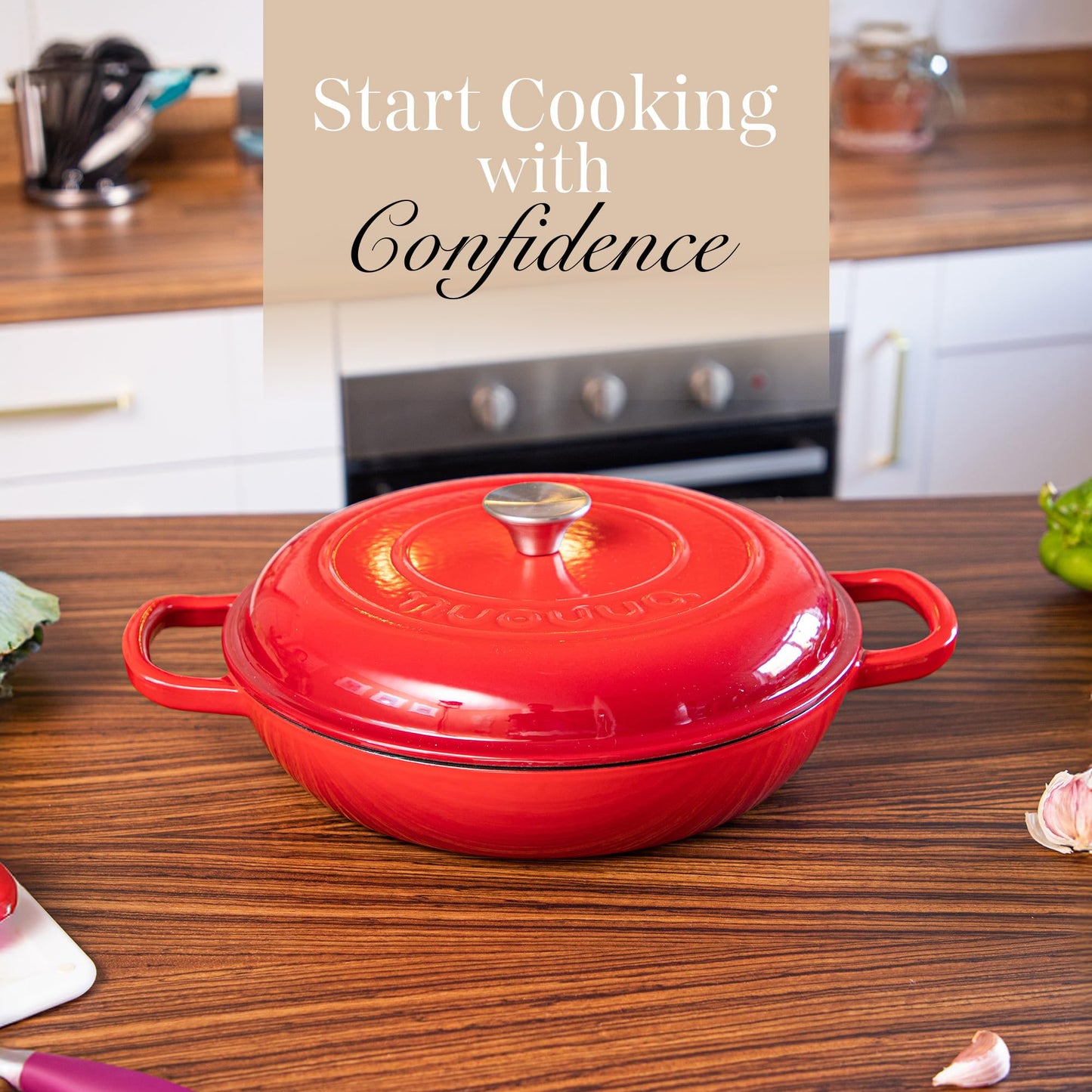 Shallow Cast Iron Casserole with Lid – Non Stick Dutch Oven Pot, Oven Safe up to 500° F – Sturdy Ovenproof Stockpot Cookware – Enamelled Cooking Pot – Red, 5-Quart, 32cm – by Nuovva