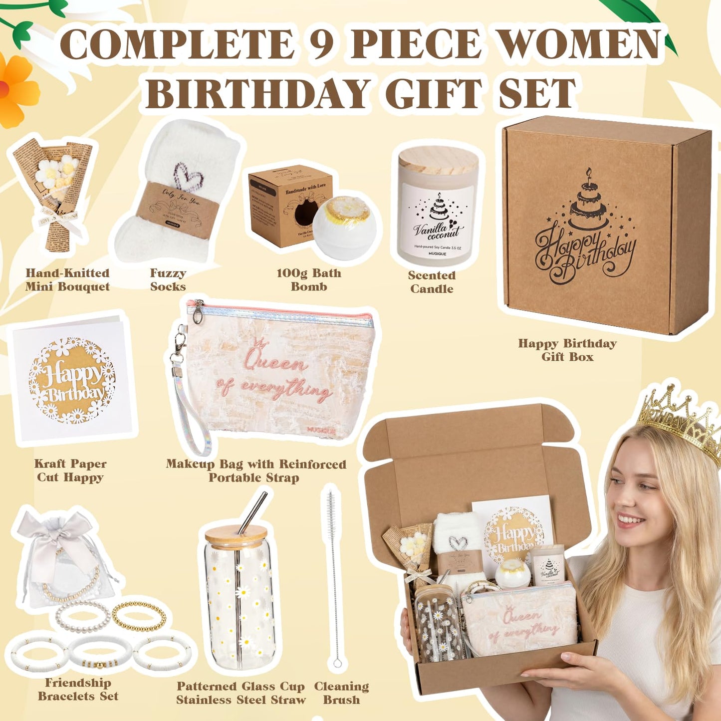 MUGIQUE Birthday Gifts for Women, Birthday Gift Basket with Glass Cup, Happy Birthday Gift Box for Women Teen Girl, Gifts for Sister Daughter Best Friend, Self Care Gift Set, White Daisy