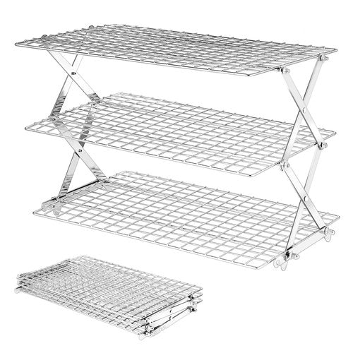 BEWOS 3-Tier Collapsible Cooling Rack - Adjustable Stainless Steel Baking Rack with X-Shaped Design and Leak-Proof Mesh Surface, Mirror Polished & Dishwasher Safe Cooling Rack