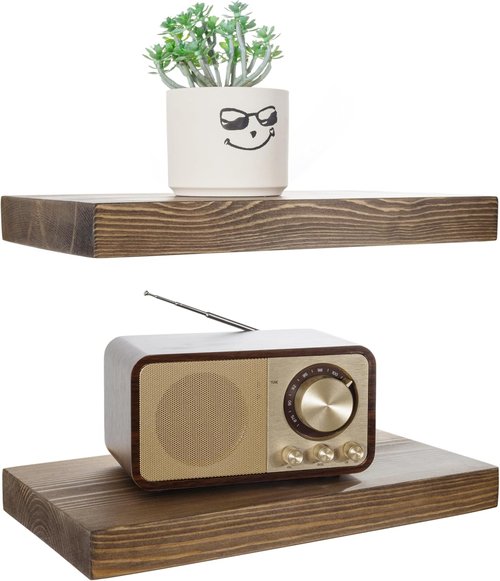 BGMG Floating Wood Shelves - Rustic Wall-Mounted Set of 2 for Bathroom, Living Room, Kitchen | 12x6.7x1.25 Inch - Walnut Color