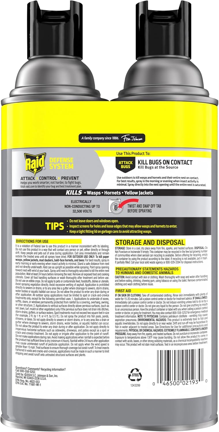 Raid Wasp & Hornet Killer Spray - Effectively Eliminates Entire Nests | 14 Oz, 2 Count