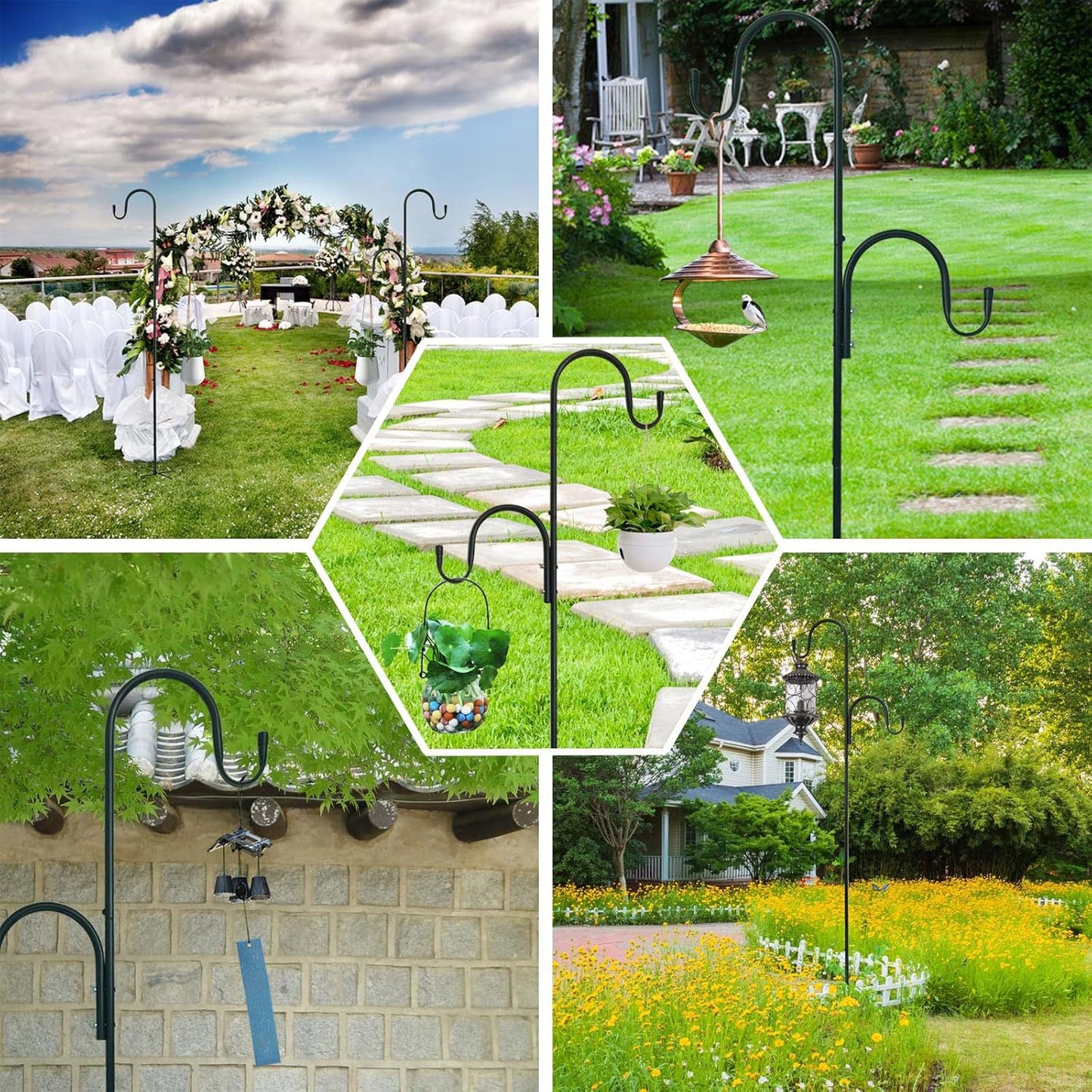 MIPON Double Shepherds Hooks - Adjustable 78 Inch for Outdoor Bird Feeders & Hanging Plants | Heavy Duty Garden Decor