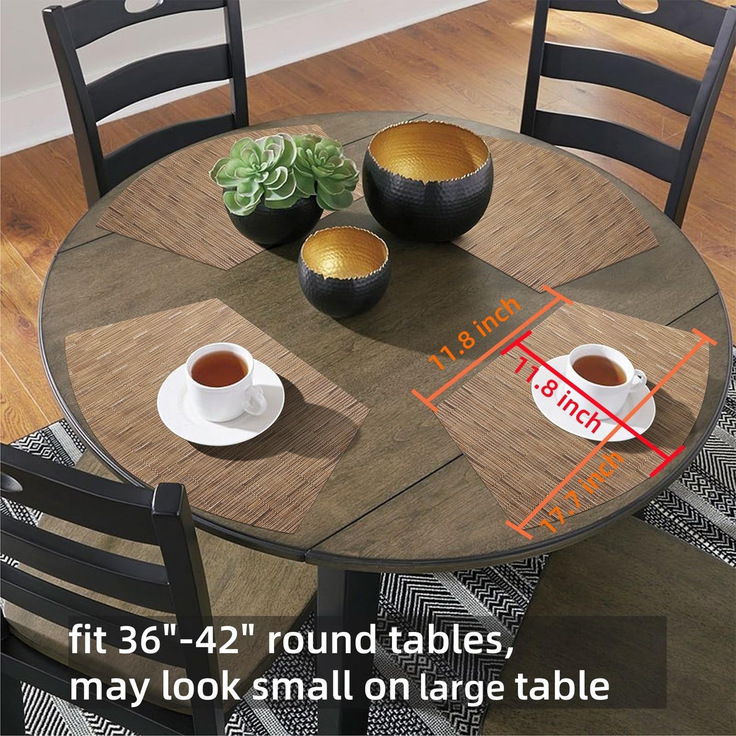 SHACOS Small Round Table Placemats Set of 5 Woven Vinyl Wedge Placemats with Centerpiece Round Table Mats Heat Resistant Wipe Clean (5, Tan)