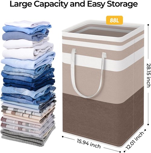HomeHacks Large Waterproof Laundry Basket - Collapsible Tall Hamper with Extended Handles | Brown, 88L