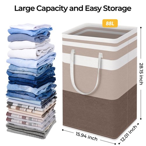 HomeHacks 2-Pack Large Laundry Basket, Waterproof, Freestanding Laundry Hamper, Collapsible Tall Clothes Hamper with Extended Handles for Clothes Toys in the Dorm and Family (Brown, 88L)