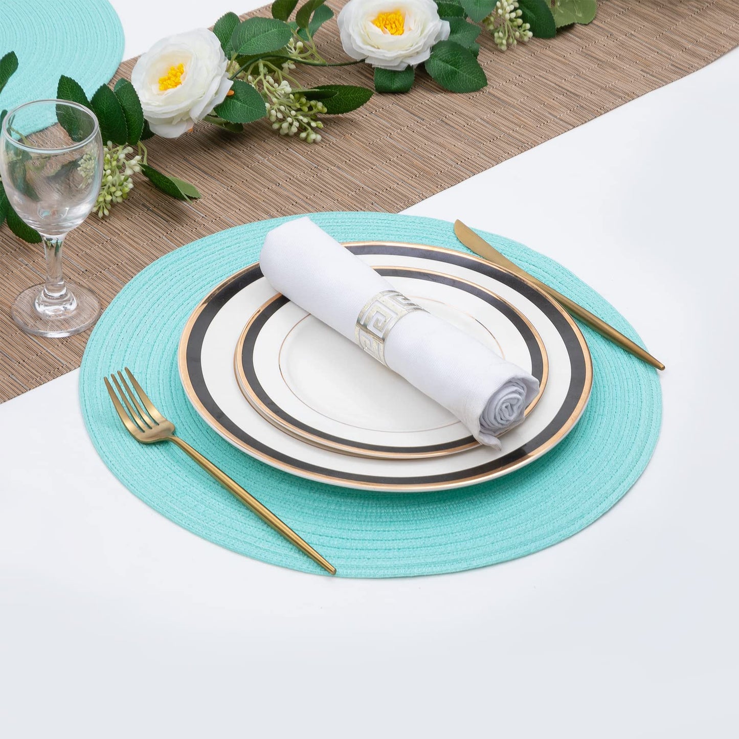 SHACOS Round Placemats Set of 4 Washable 15 inch Round Table Mats Cotton Polyester Woven Braided Place Mats for Dining Table Wedding Party Decor (Aqua, 4)