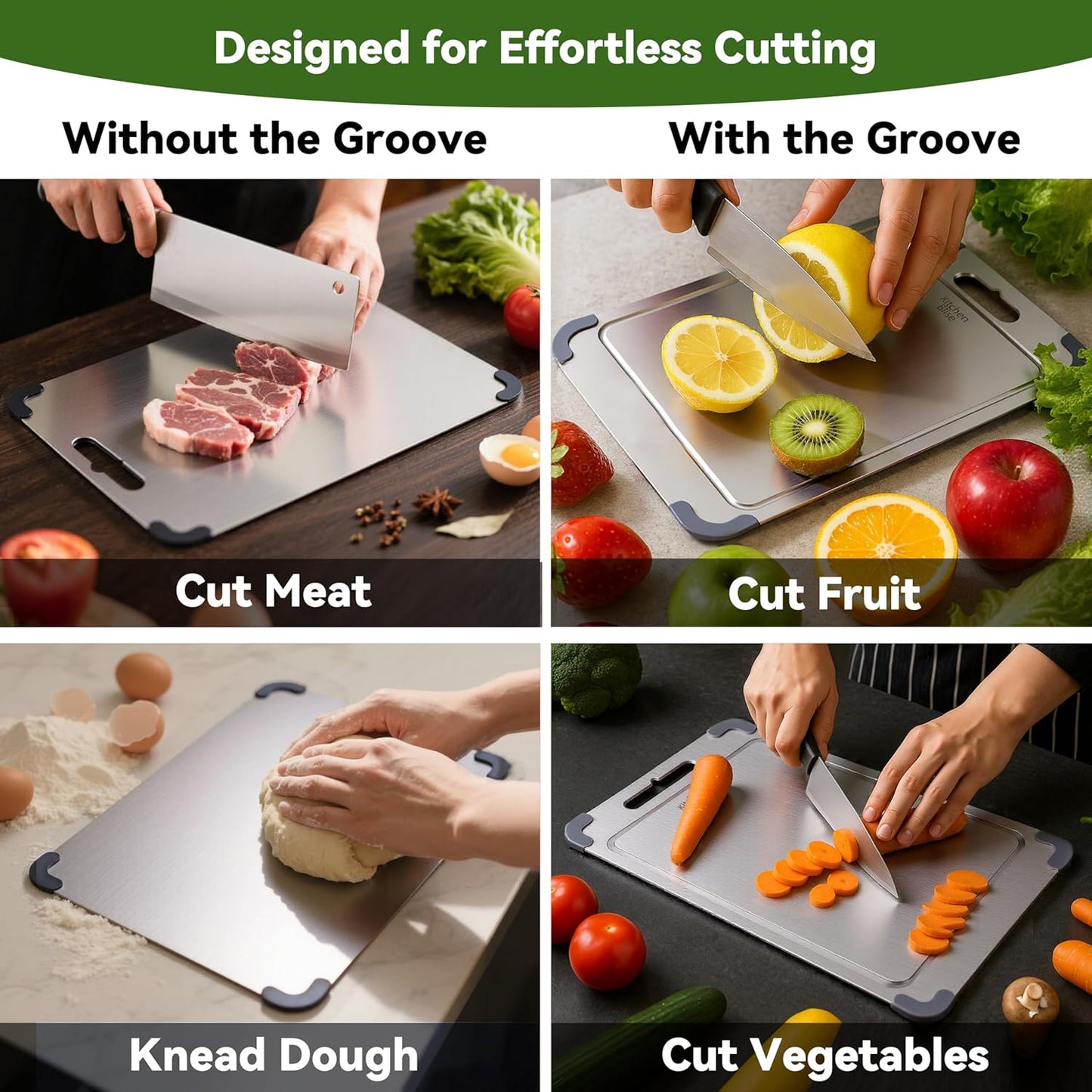 Premium 316 Stainless Steel Cutting Board - Non-Toxic Food Grade | 14" x 9.6" Dishwasher Safe with Grooves for Meat, Veggies & Fruit