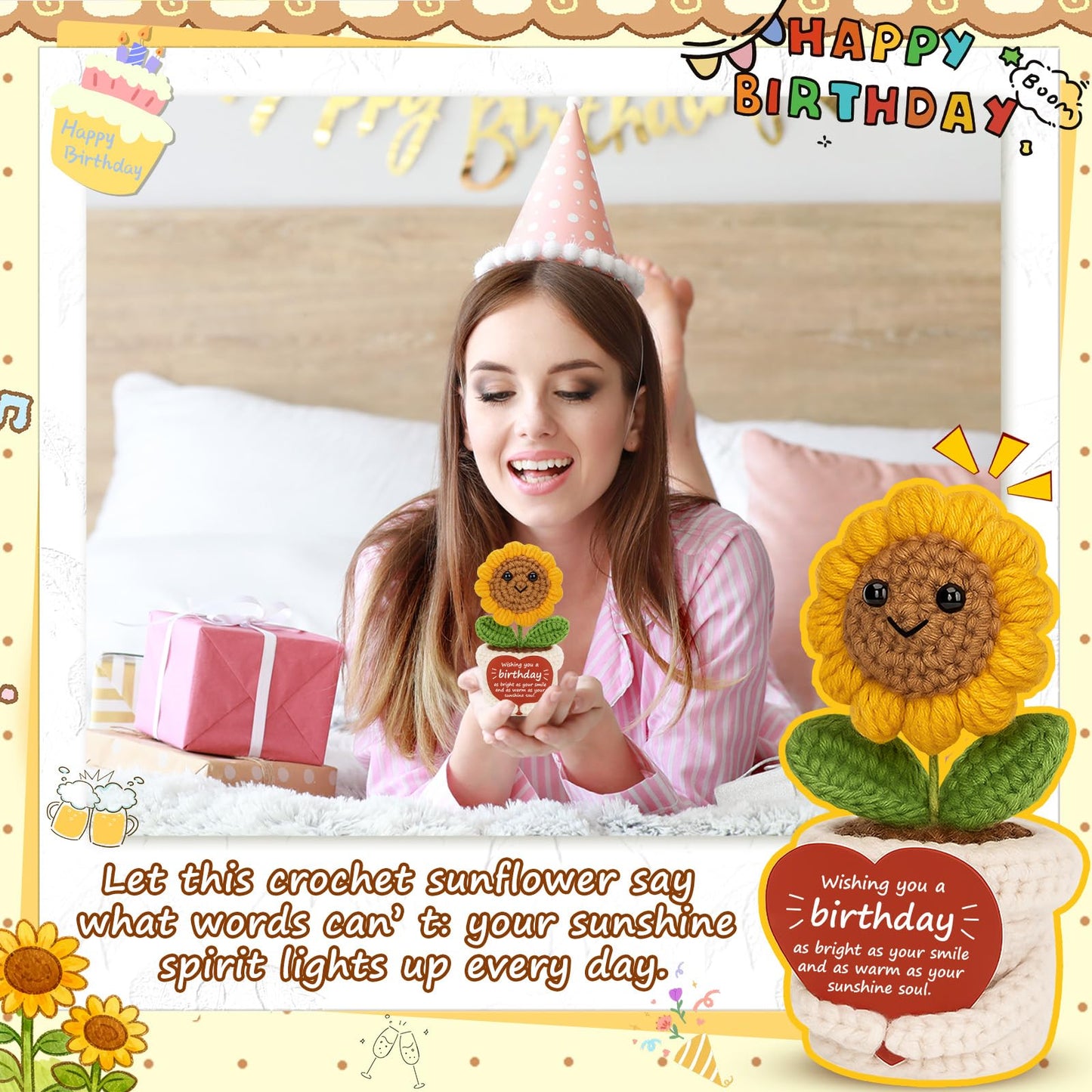 Ovrrcame Crochet Sunflower Plush – Inspirational Funny Happy Birthday Gifts for Women Man, Mom, Sister, Best Friend, Coworker – Unique Gift Ideas for Her, Him, Birthday Decorations/Mothers Day