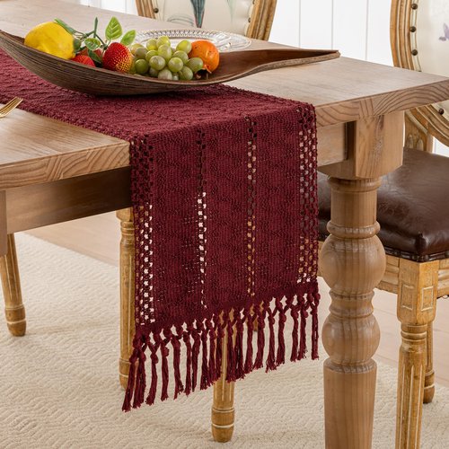 Burgundy Table Runner with Tassels Boho Claret Red Macrame Table Runner Farmhouse Woven Home Decor 12x71 inch Modern Fall Table Decor for Coffee Dining Bedroom Decor Rustic Style