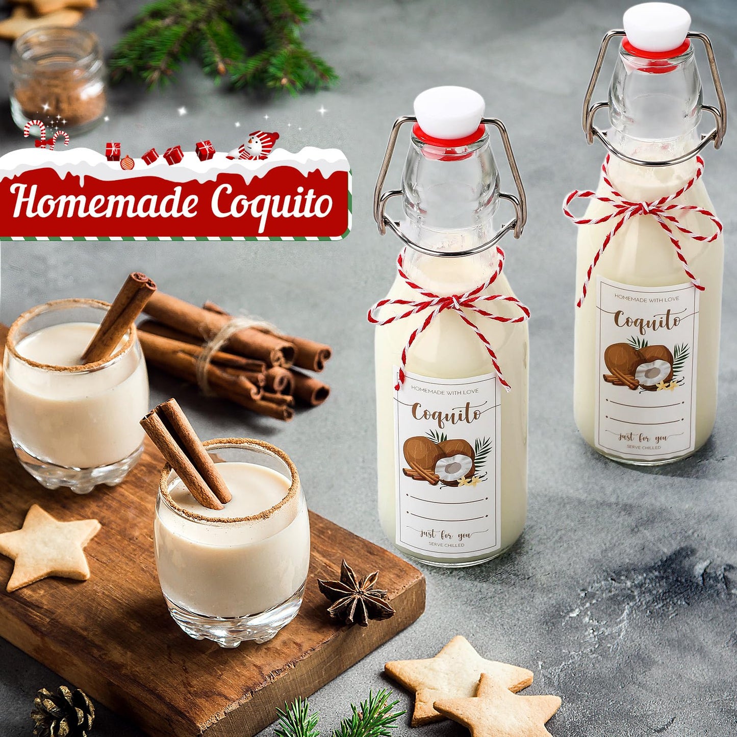 Havawish 16 Pcs Merry Christmas 8 oz Coquito Swing Top Glass Bottles with Airtight Cap Lids Labels Clear Flip Top Bottles with Stoppers for Homemade Christmas Home Brewing Beer Beverages(Coconut)