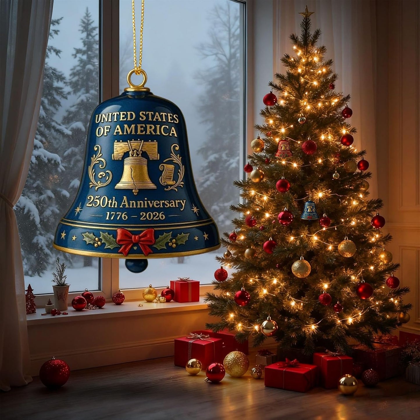 USA 250th Anniversary Bell Ornament - 3D Vintage Metal Design for Patriotic Holidays | Set of 2 Red & Blue