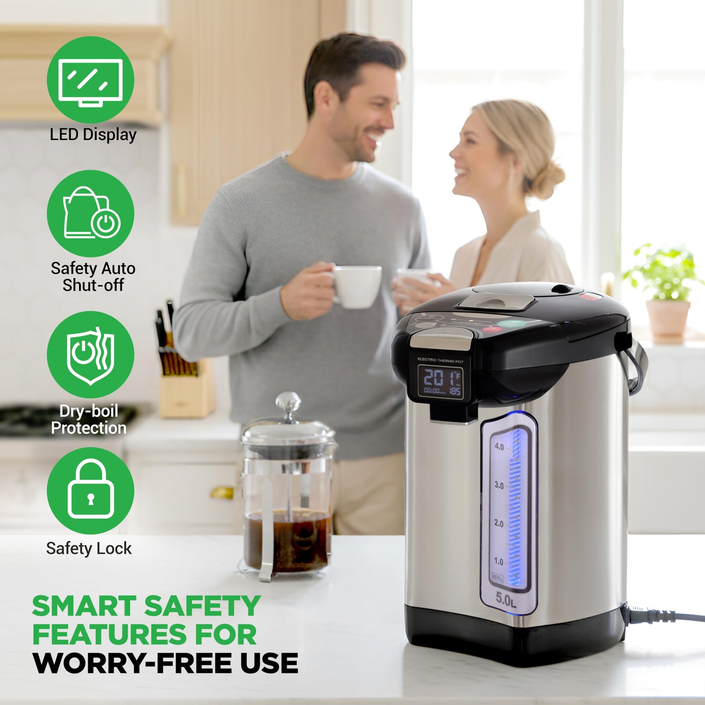 NutriChef Digital Water Boiler and Warmer - 5L/5.28 Qt Stainless Electric Hot Water Dispenser w/LCD Display, Rotating Base, Keep Warm, Auto Shut Off, Safety Lock, Instant Heating for Coffee & Tea