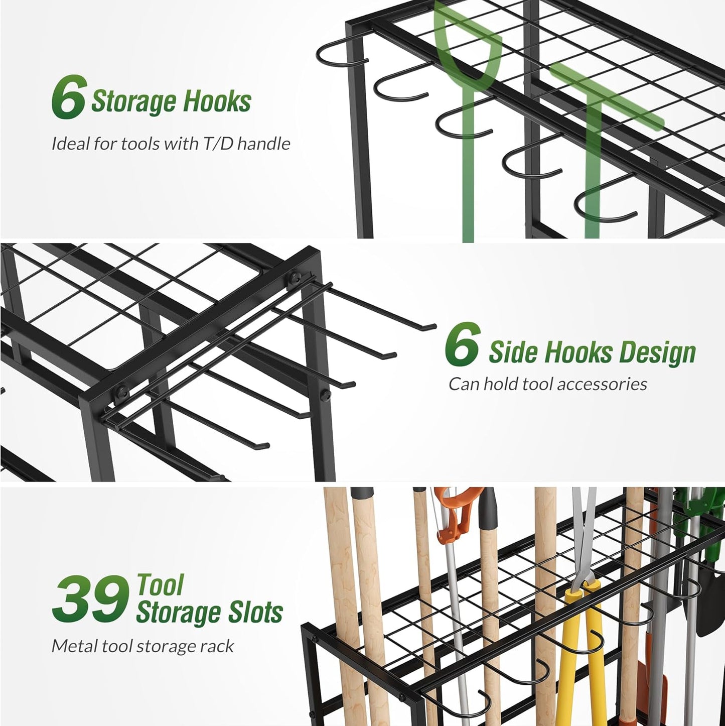 Sttoraboks Garden Tool Organizer Rack - Heavy-Duty Steel for Up to 39 Tools | 12 Hooks & Broom Holder, Black