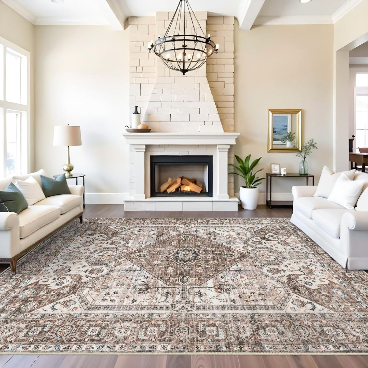 Skiennix Washable 9x12 Large Area Rug - Vintage Non-Slip Backing, Stain Resistant Medallion Design for Living Room & Bedroom - Brown