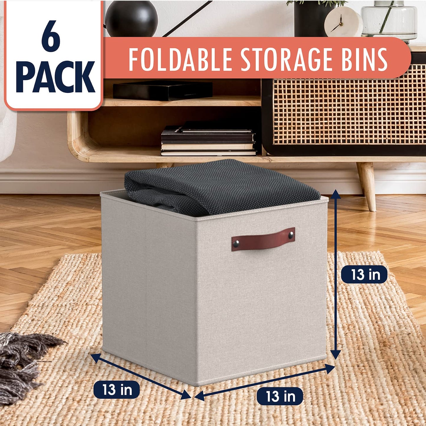 Ornavo Home 13 x 13 Storage Cube Bins, Foldable Collapsible Fabric Storage Bins Box Linen Shelf Basket Cube Organizer for Closet with Leather Handles, 6 Pack, Beige