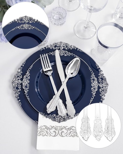 Hioasis 350pcs Blue and Silver Party Plates - Heavy-Duty Set for 50 Guests with Cutlery, Napkins & Cups
