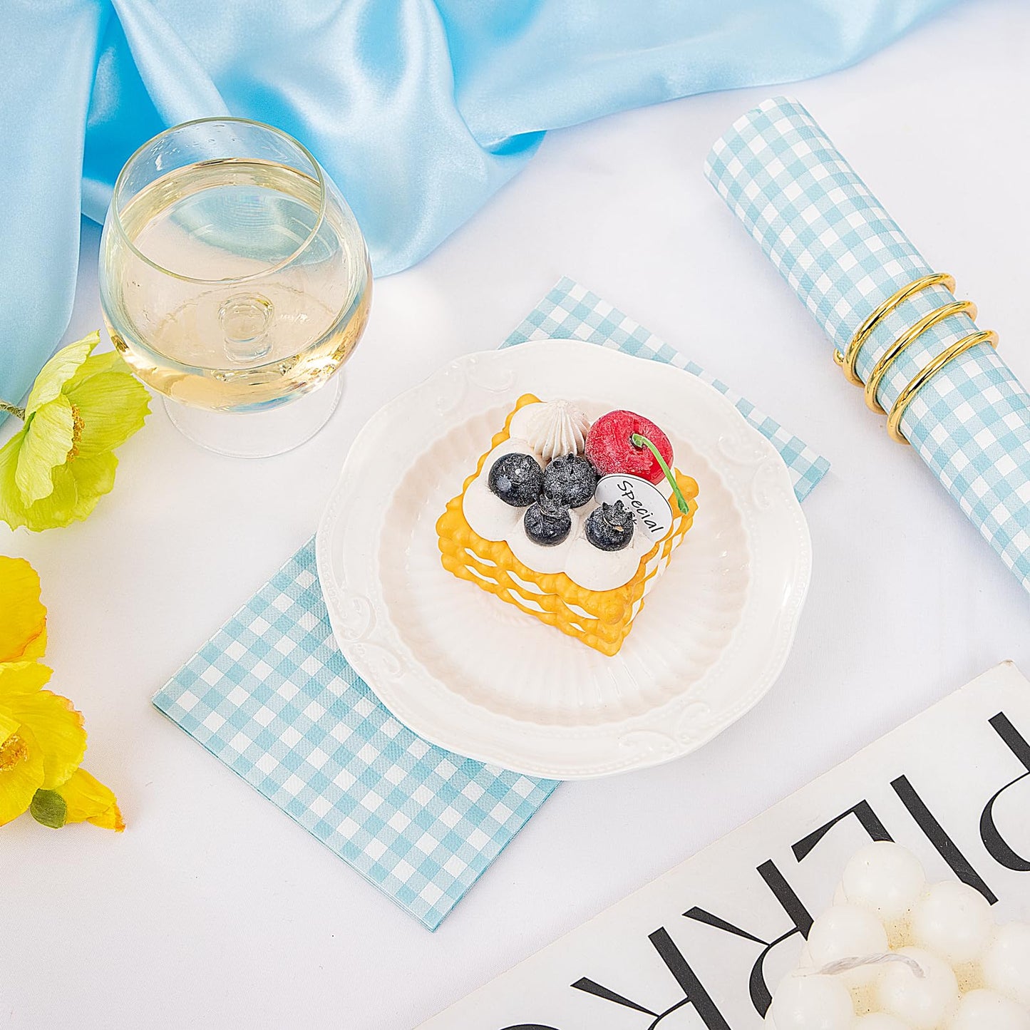 WDF 150Pack Baby Blue Paper Checkered Napkins - 3 Ply Disposable Blue and White Gingham Napkins Guest Dinner Napkins Paper for Bathroom/Picnic/BBQ/Birthday/Wedding