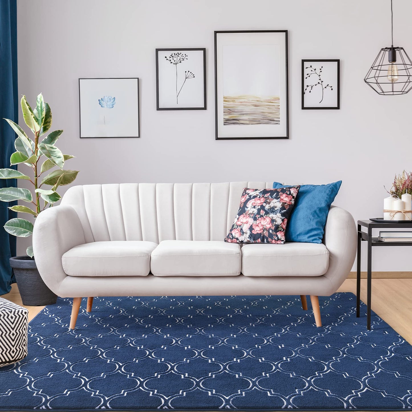 Chicrug Shag Geometric Modern Area Rug for Bedroom, 5x7 Feet Memory Foam Indoor Carpet, Fluffy Rug for Living Room Bedside Room Decor for Family Girls Kids Nursery Play Mat, Navy/White