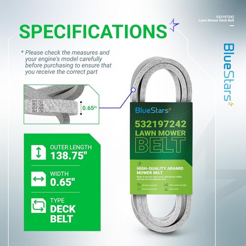 BlueStars Mower Deck Belt - Compatible with Husqvarna & Craftsman Lawn Tractors | 138.75" x 0.65" Aramid Cord
