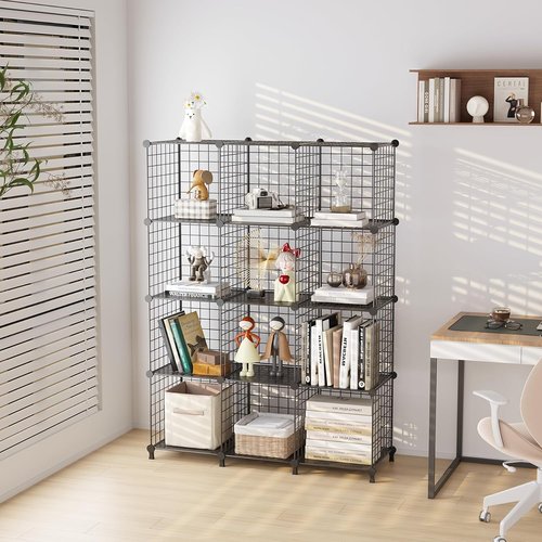 ATTJL12B - 12-Cube Storage Organizer | Metal Wire Shelving Unit for Modular Grid Bookshelf - Black, 11.8" L x 11.8" W x 11.8" H