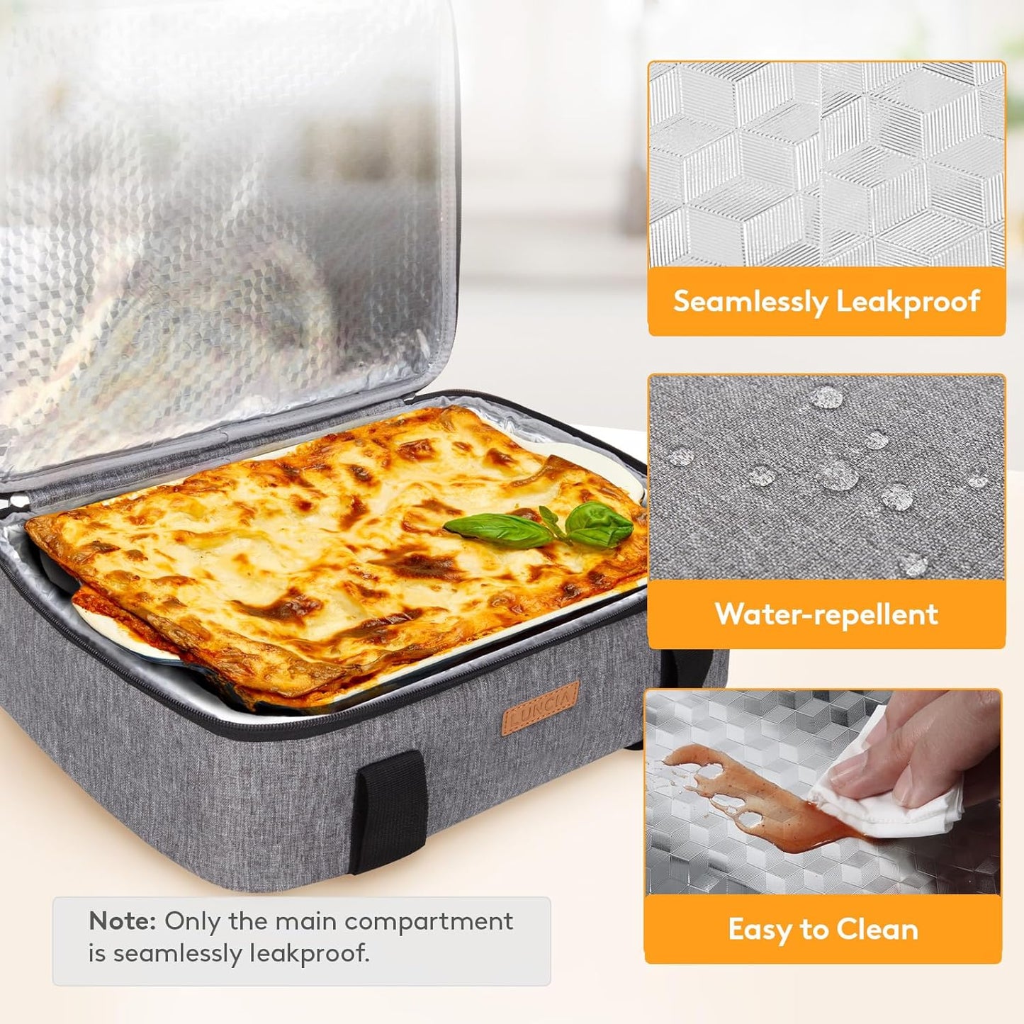 LUNCIA Insulated Casserole Carrier - Keeps Food Hot or Cold | Thermal Lunch Bag for Potlucks, Fits 9" x 13" Dish, Grey