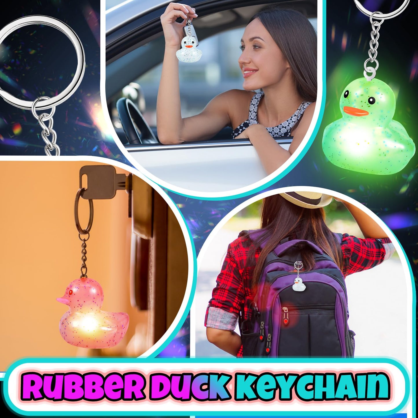 Deekin 100 Pcs LED Light up Rubber Duck Keychain, Glow in The Dark Cruise Duck Keychain Bulk, 3D Tiny Key Chains for Carnival, Birthday Party, Goodie Bag Fillers, Wedding Favors (Stylish)
