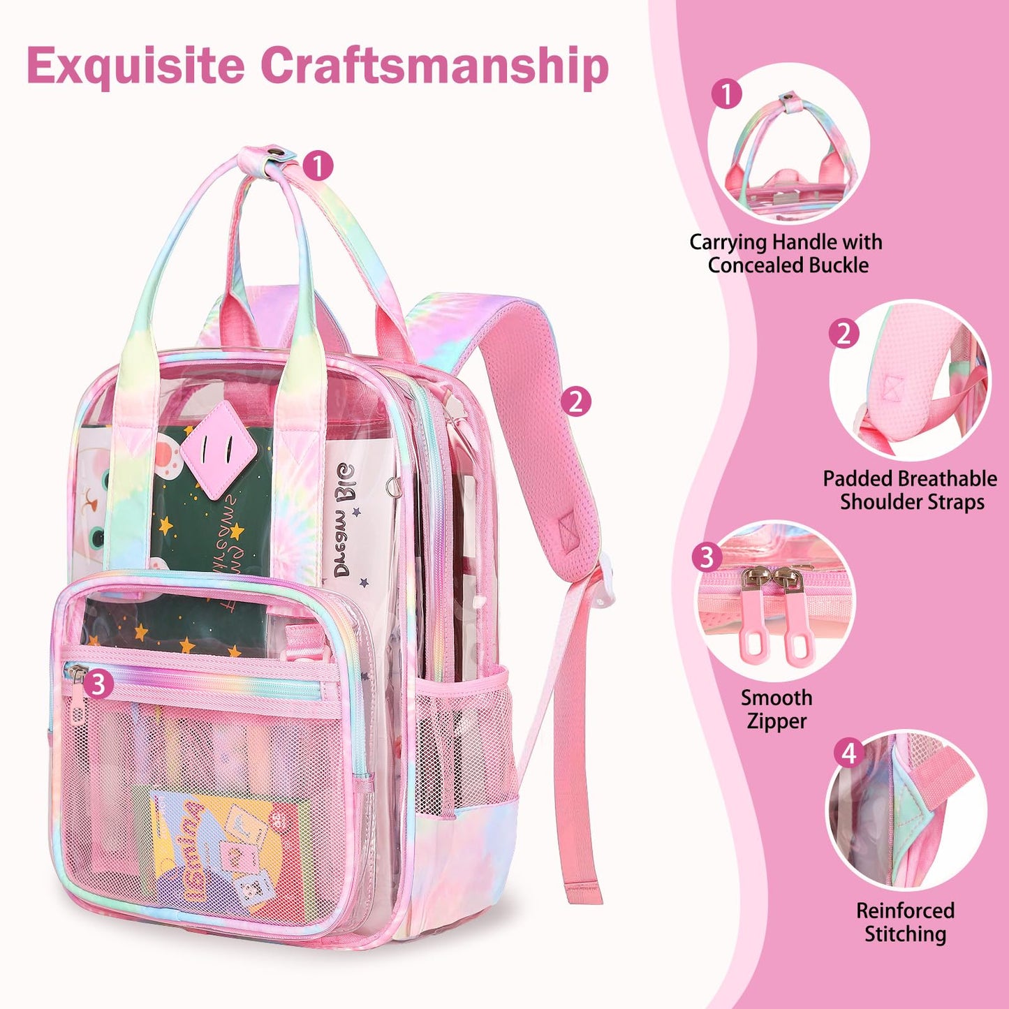Rinooau Clear Backpack Heavy Duty, PVC Clear Bag for Stadium Events See Through Pink Bookbag, Transparent Backpack for Girls Women Kids Stadium Approved Clears Concert Bag for School Work Travel