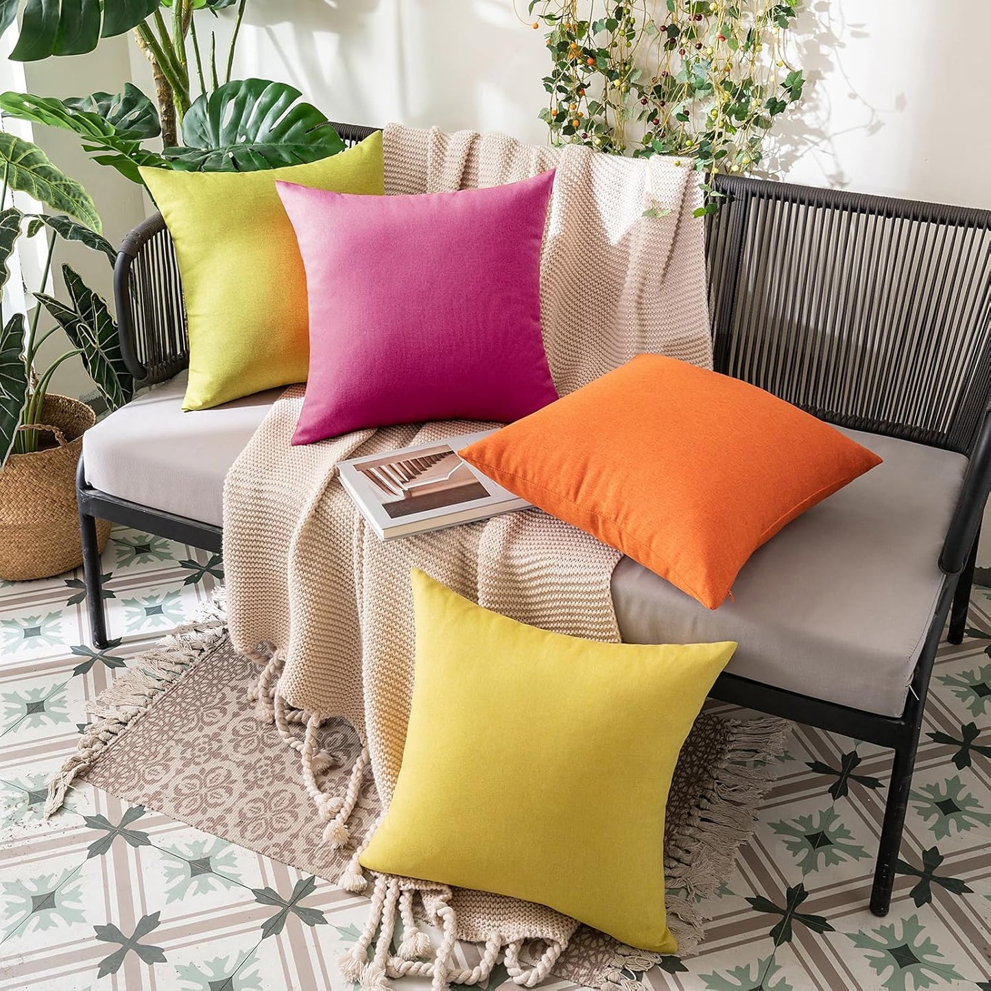 MIULEE Decorative Outdoor Throw Pillow Covers - Waterproof Faux Linen Cushion Cases | 16x16 Inch Hot Pink (Pack of 2)