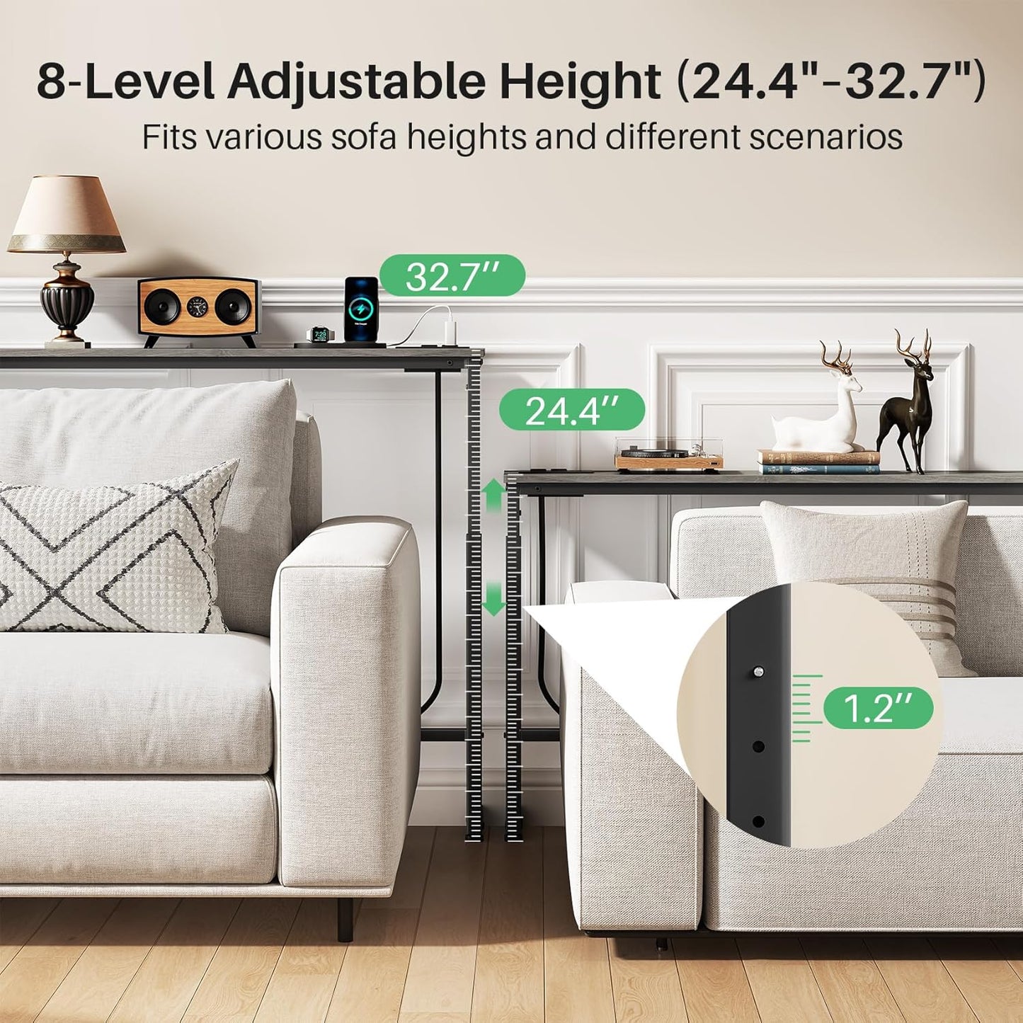 Kitstorack Long Sofa Table - Adjustable Height 25"-33" with 2 Power Outlets | Dark Gray, 5.9" D x 79" L
