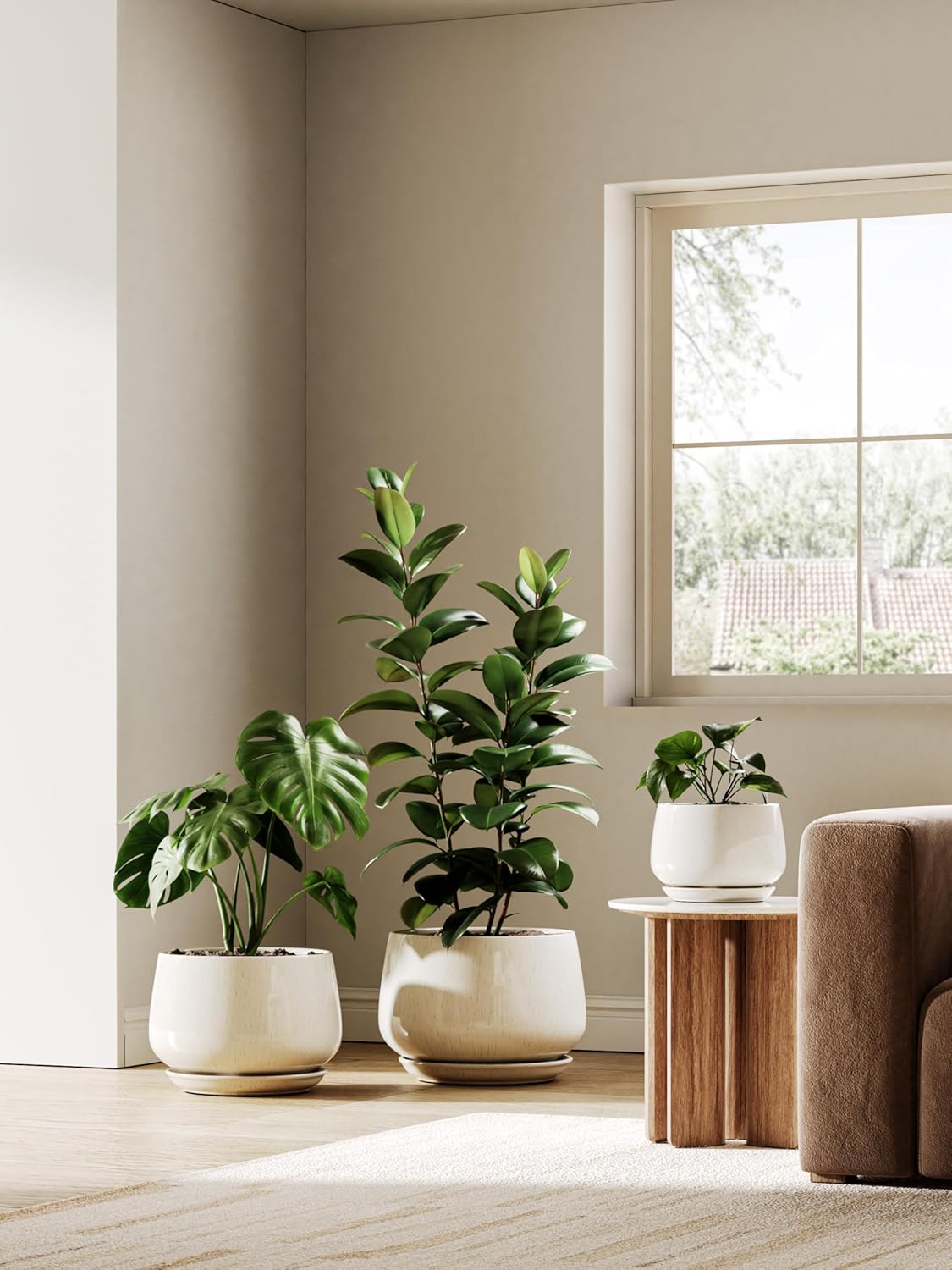 LE TAUCI Ceramic Planter - 10 Inch Pot with Drainage Hole & Saucer | Durable Reactive Glaze Beige for Modern Decor