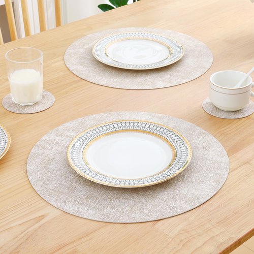 Homaxy Round Faux Leather Placemats and Coasters, Washable Dual-Side Table Mats, Wipeable Heat-Resistant Dining Place Mats for Outdoor and Indoor, Set of 6, Diameter 13 and 3.93 inch, Beige