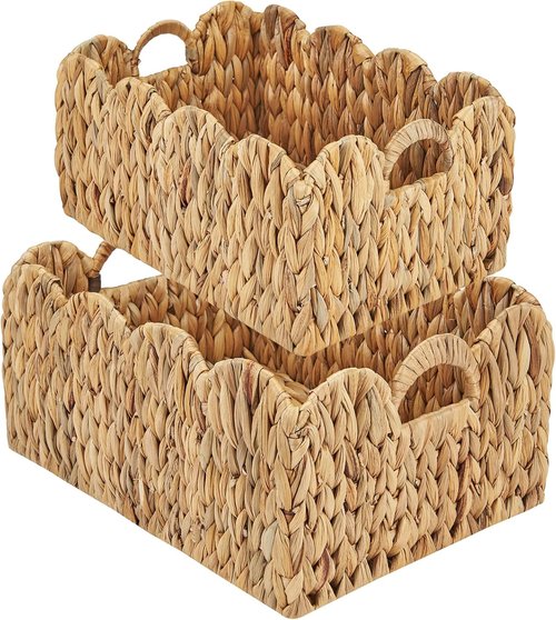 FairyHaus Wicker Storage Baskets - Handwoven Scalloped Design, Natural Water Hyacinth | 2-Pack, Large & Small