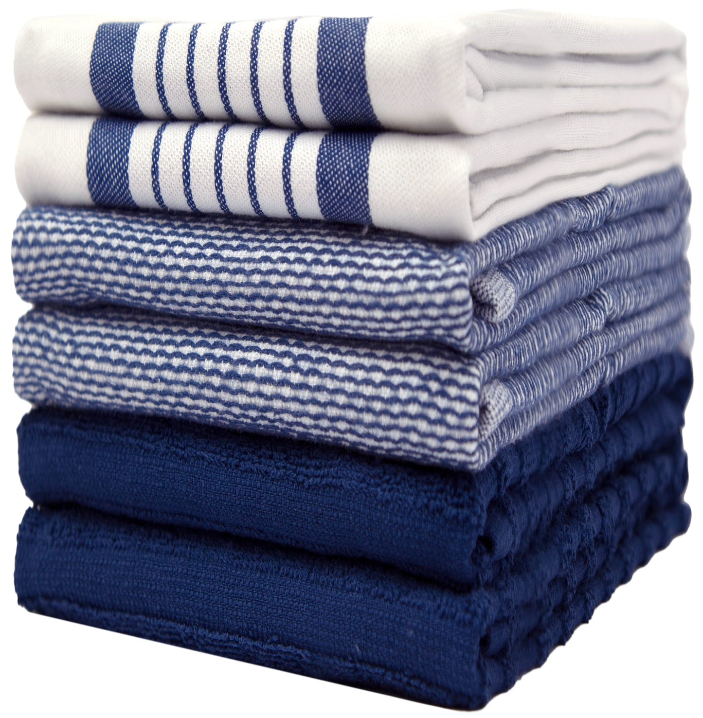 Premium Kitchen Towels (20”x 28”, 6 Pack) | Large Cotton Dish Towels | Flat & Terry Highly Absorbent Kitchen Linen Set with Hanging Loop | Navy Blue Striped