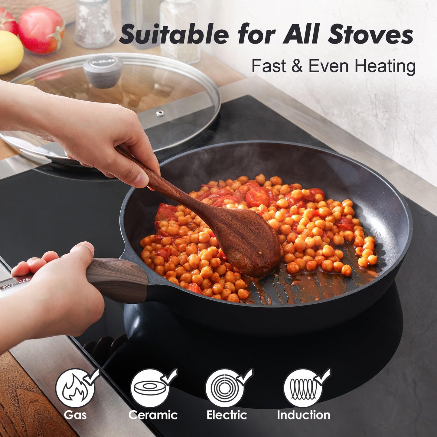 SENSARTE Nonstick Frying Pan Skillet with Lid, 8inch Non Stick Pan Omelette Pans, Healthy Kitchen Cooking Chef's Pan with Cover, Free of Intentionally Added PFOA/PFOS, Induction Compatible, Black
