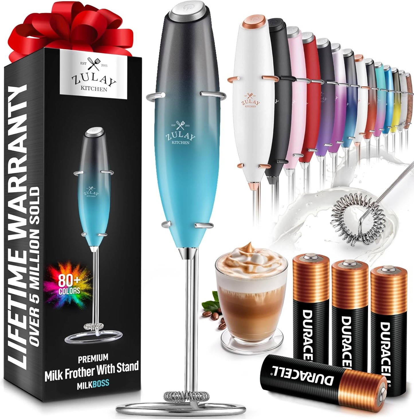 Zulay Kitchen Milk Frother Wand - Ultra-Fast Handheld Electric Whisk for Coffee, Lattes & More - Marine Color