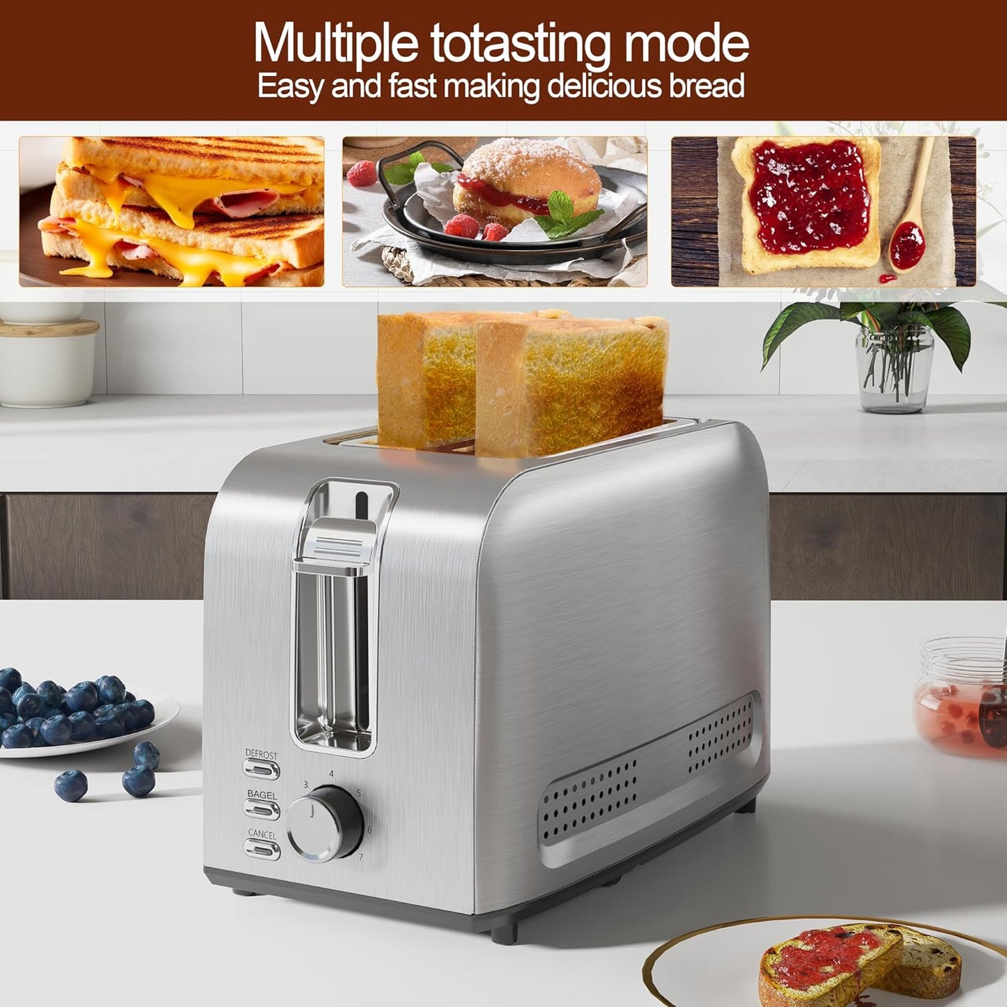 Runnatal 2-Slice Stainless Steel Toaster - Multifunctional with 7 Toast Settings & Easy Clean | Silver Metallic