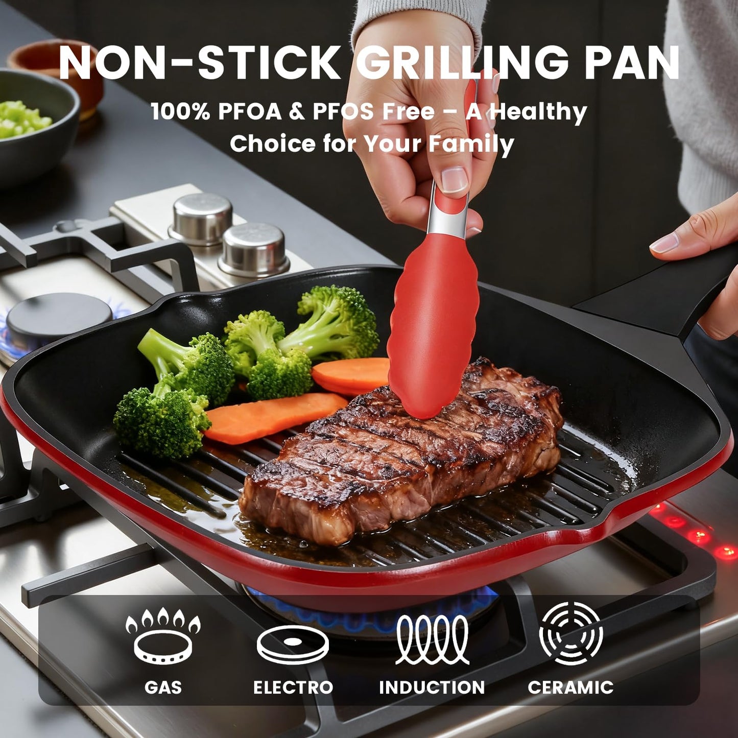 EvoFar 11 Inch Nonstick Grill Pan, Square Large Grilling Skillet Steak Pan for Stove Tops, Granite Coating Grill Skillet with Pour Spouts, PTFE & PFOA Free, Durable Grilling Pan for Indoor & Outdoor