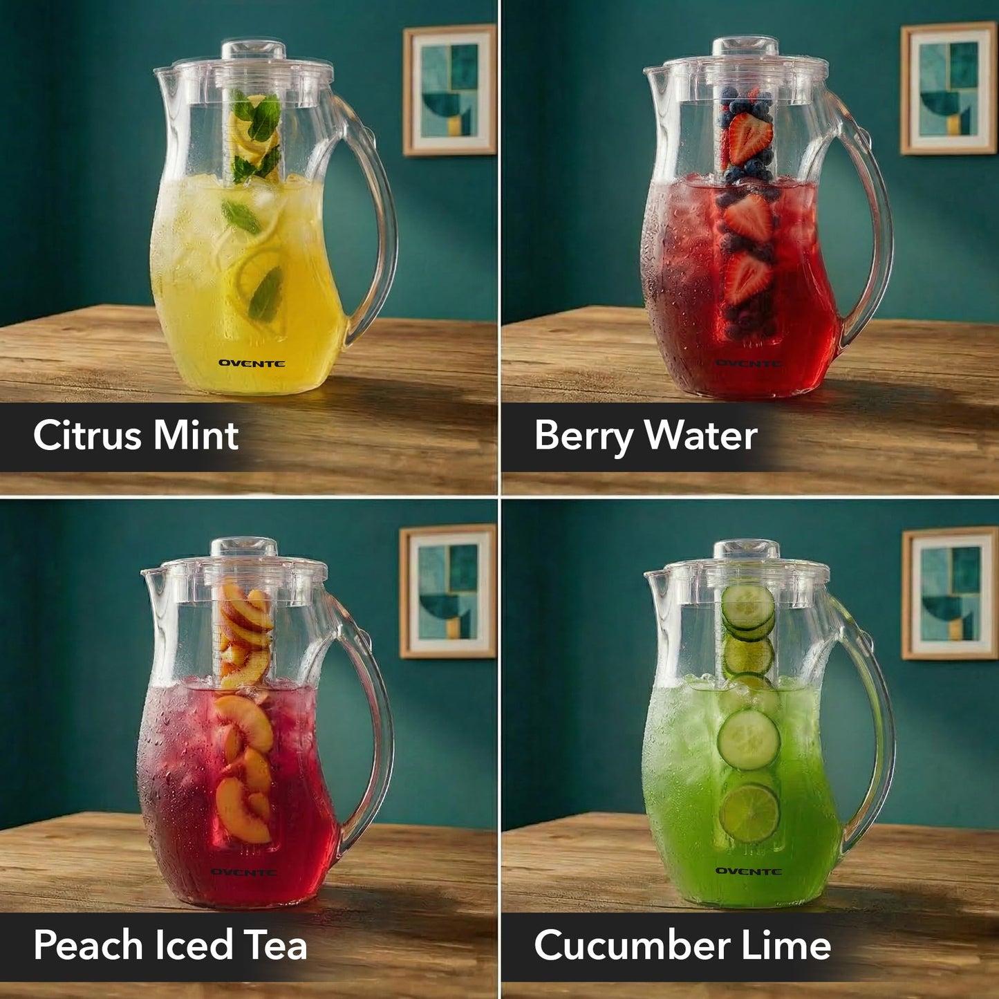 OVENTE Fruit Infusion Water Pitcher 2.5L/85Oz with Removable Lid and Infuser Rod, BPA-Free, Shatterproof Acrylic Beverage Jug for Flavor-Infused Drinks, Lemonade, Juice and Iced Tea, Clear PIA0852C