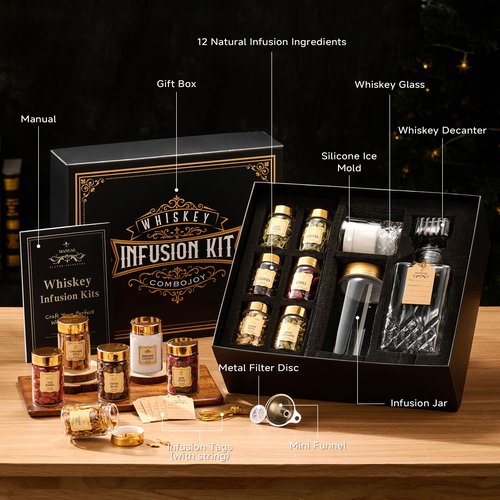 ComboJoy Whiskey Infusion Kit Gifts for Men – 12 Natural Ingredients, Decanter, Infusion Jar, Glass, Ice Mold – DIY Whiskey, Bourbon, Rum & Cocktail Infusion Set for Him, Dad, Husband
