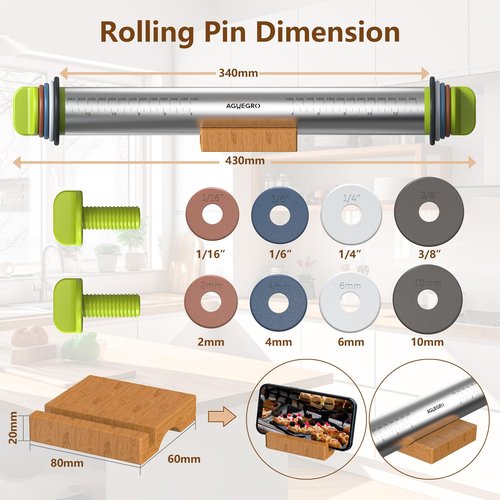 Aguegro Stainless Steel Rolling Pin with Thickness Rings and Wooden Stand Dough Thickness for Baking, Fondant, Pizza, Pie Crust, Cookies, Pastries, 13.6" Rolling Pin with 4 Multi-Color Thickness Rings