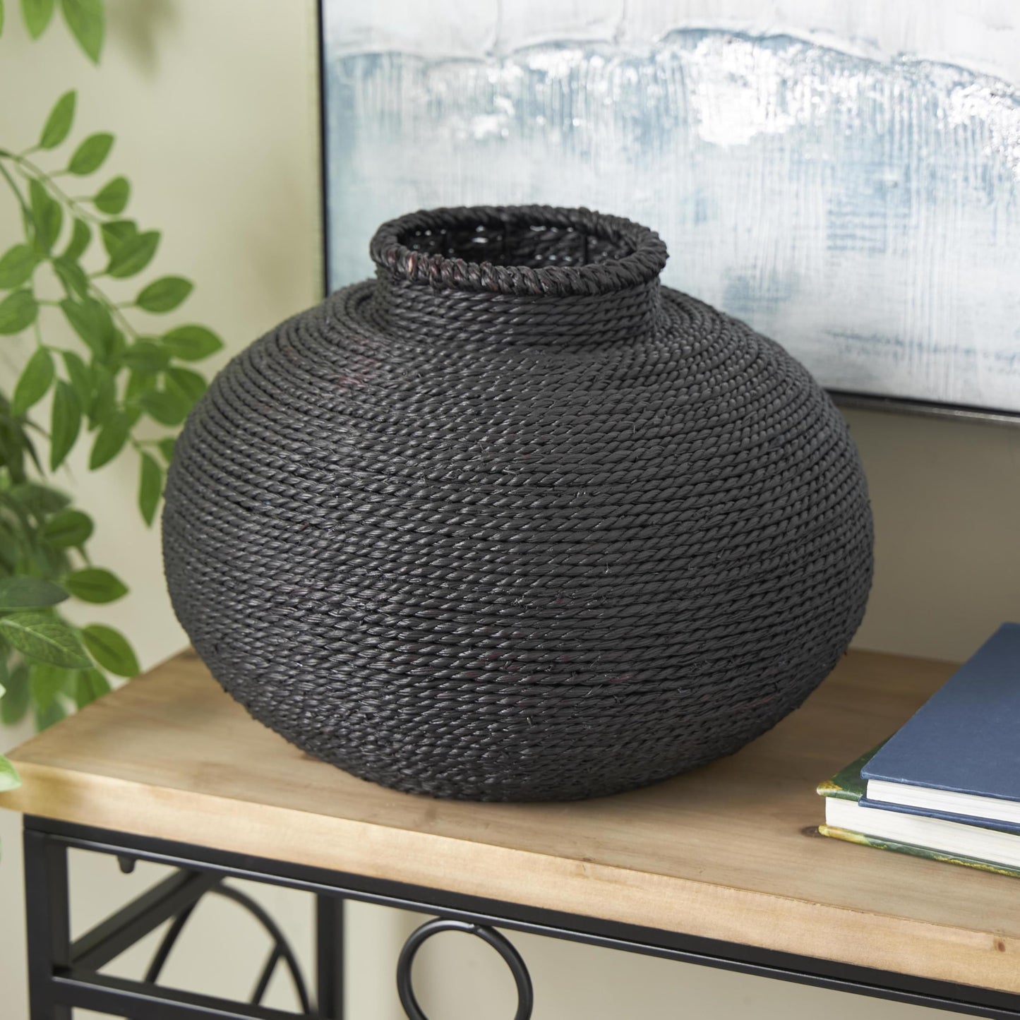 Deco 79 Metal Handmade Decorative Vase Wrapped Pot Centerpiece Vase, Flower Vase for Home Decoration 15" x 15" x 11", Black