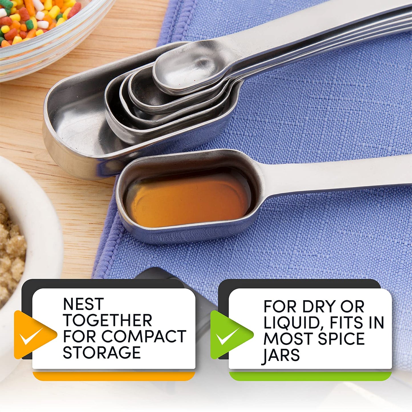 Spring Chef Stainless Steel Measuring Spoons Set of 7 with Leveler, Rectangular Metal Teaspoon & Tablespoon Measuring Spoons for Dry & Liquid Ingredients - Nesting Kitchen Gadgets For Baking & Cooking