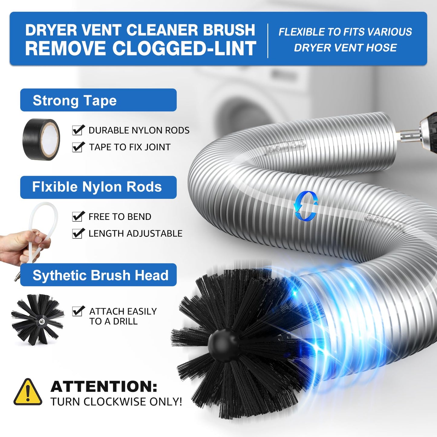 PetOde 32-Feet Dryer Vent Cleaner Kit, Dryer Vent Cleaning Kit Lint Remover with Dryer Vent Brush, Vacuum Hose Attachment Cleaning Tools, Flexible Lint Trap Brush, Vacuum & Dryer Adapters
