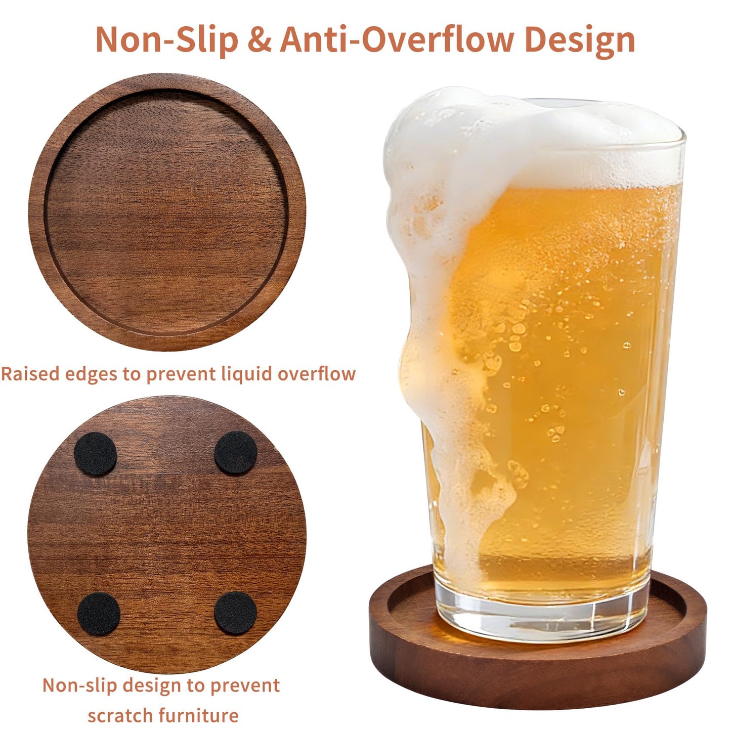 Wood Drink Coasters with Holder, Set of 4, Natural Absorbent Wooden Coasters for Drinks, Modern Rustic Farmhouse Office Bar Decor, Coffee Table Cup Coaster