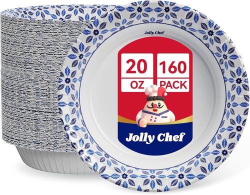 JOLLY CHEF 20 oz Heavy Duty Paper Bowls - 160 Count Soak Proof Disposable Dinnerware