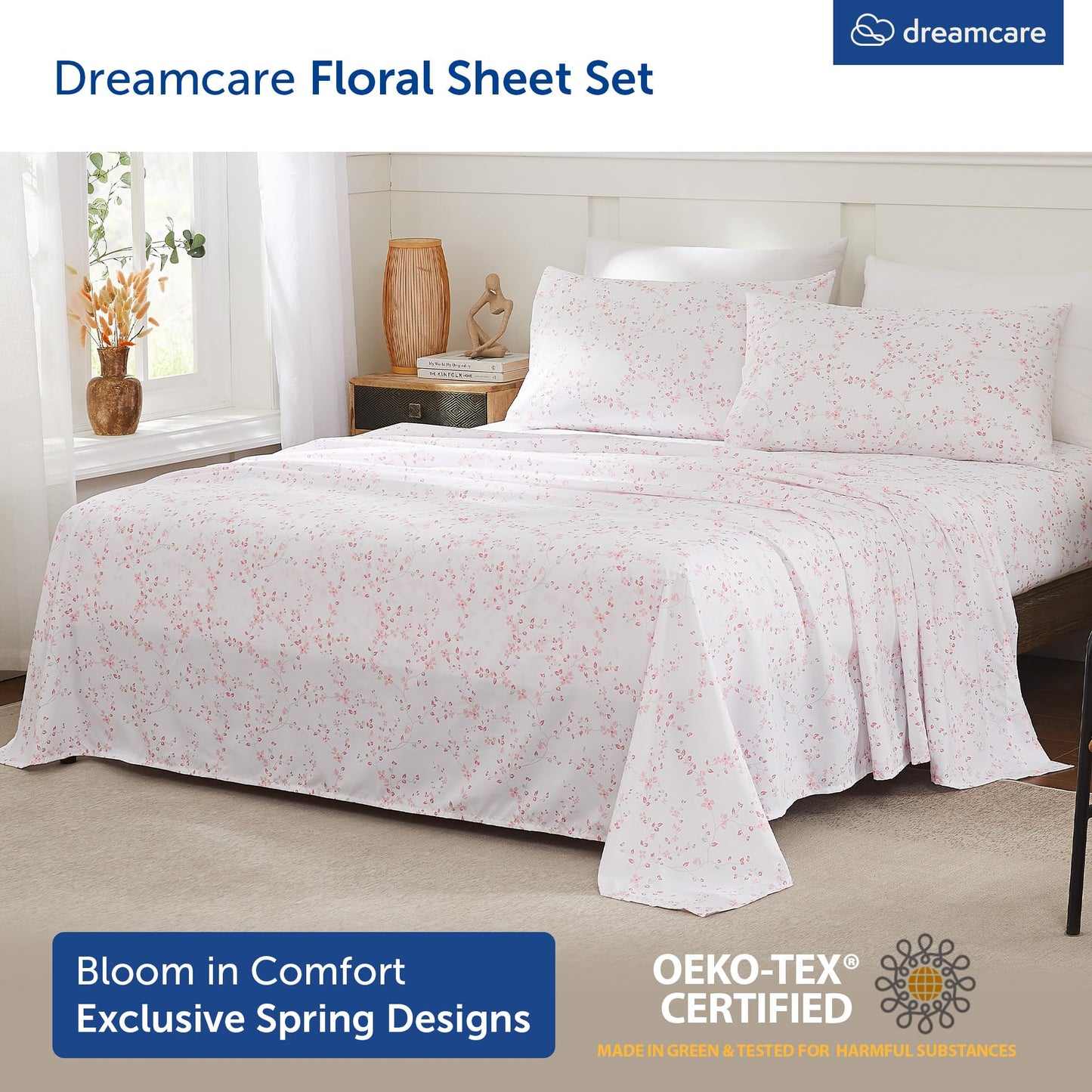 DREAMCARE Full Size Sheets - Cooling Sheets - 4pcs Set - up to 15" Deep Pocket Full Sheet Set - Sheets Full Size Bed - Soft & Long Lasting 100% Fine Brushed Polyester with Side Pocket Floral Blossom