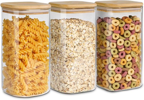 ComSaf Airtight Glass Storage Canister - Clear Food Storage Container Jar with Wood Lid | Set of 3 (1.6 Qt)